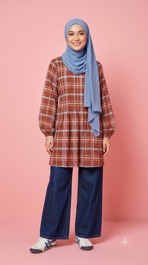 PLEATED LONG BLOUSE - BROWN CHECKERED