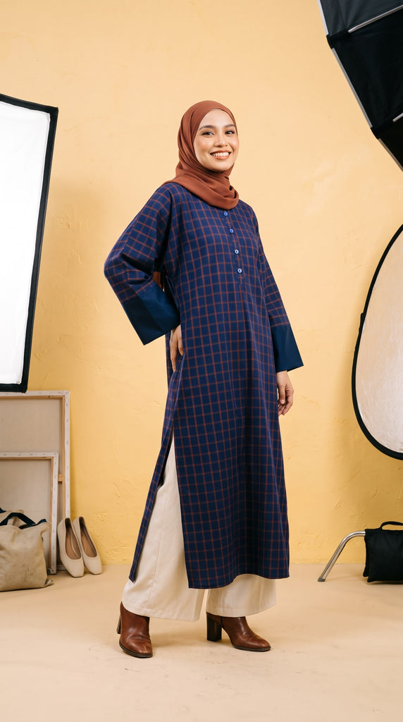 MOROCCON LONG TUNIC - DARK BLUE CHECKERED