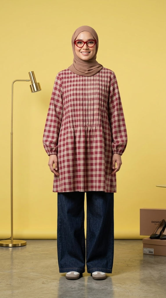 PLEATED LONG BLOUSE - CHECKERED A