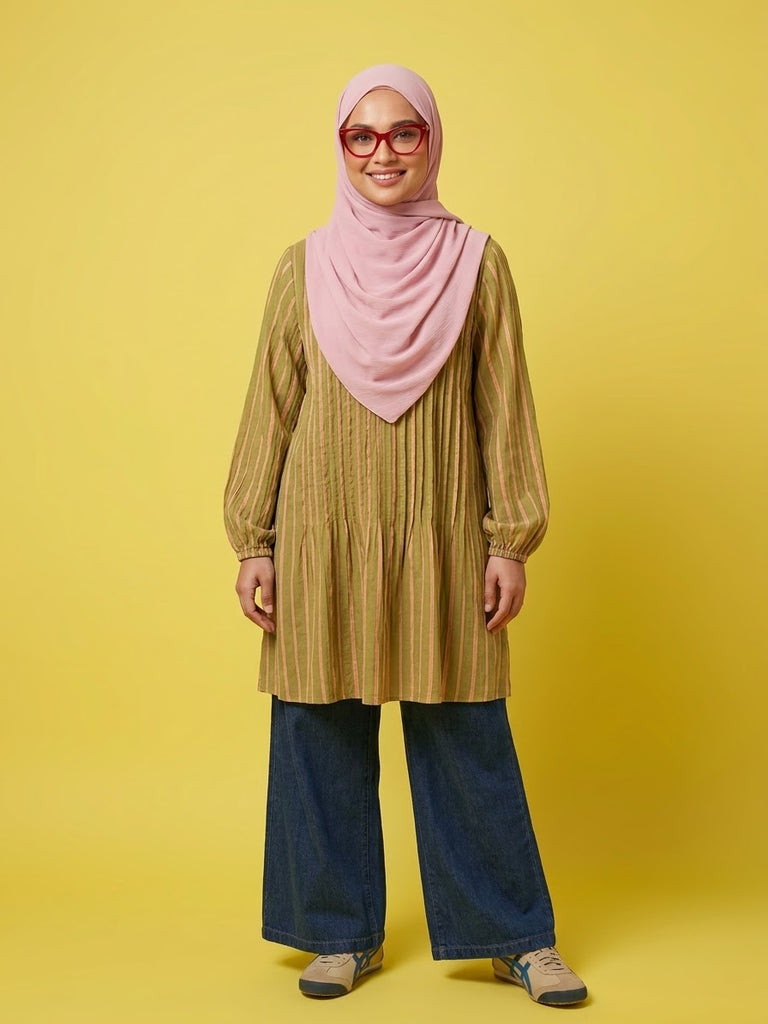 PLEATED LONG BLOUSE - MATCHA STRAWBERRY STRIPES
