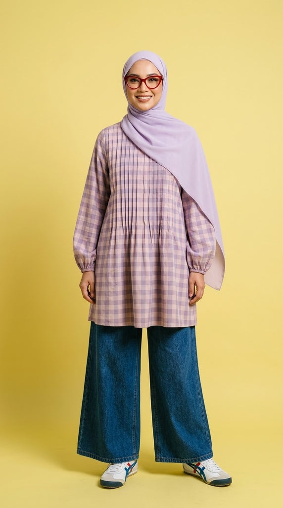 PLEATED LONG BLOUSE - CHECKERED C