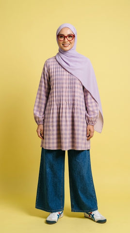 PLEATED LONG BLOUSE - CHECKERED C