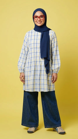 PLEATED LONG BLOUSE - CHECKERED D