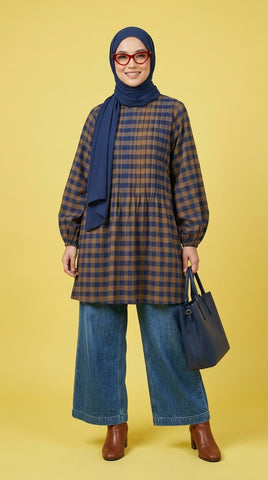 PLEATED LONG BLOUSE - CHECKERED B