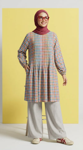 PLEATED LONG BLOUSE - CHECKERED G