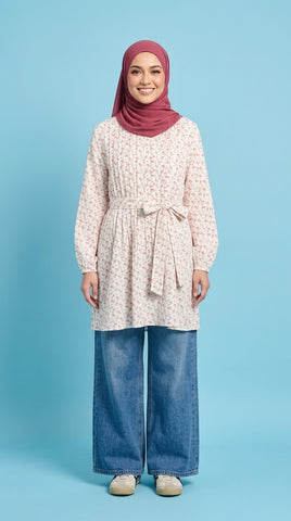 PLEATED LONG BLOUSE - FLORAL CRINKLE IRONLESS