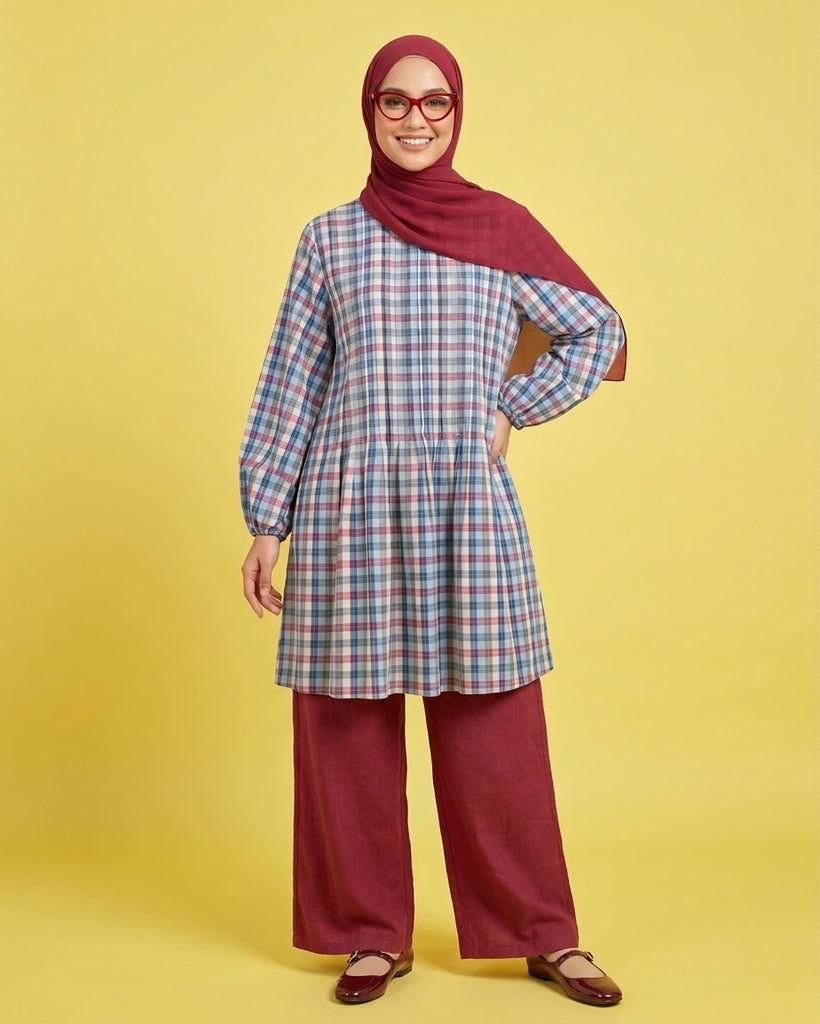 PLEATED LONG BLOUSE - CHECKERED F