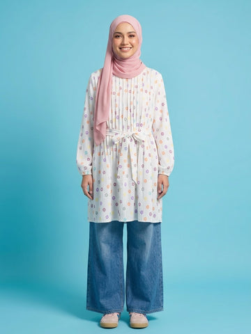 PLEATED LONG BLOUSE - DAISY WHITE